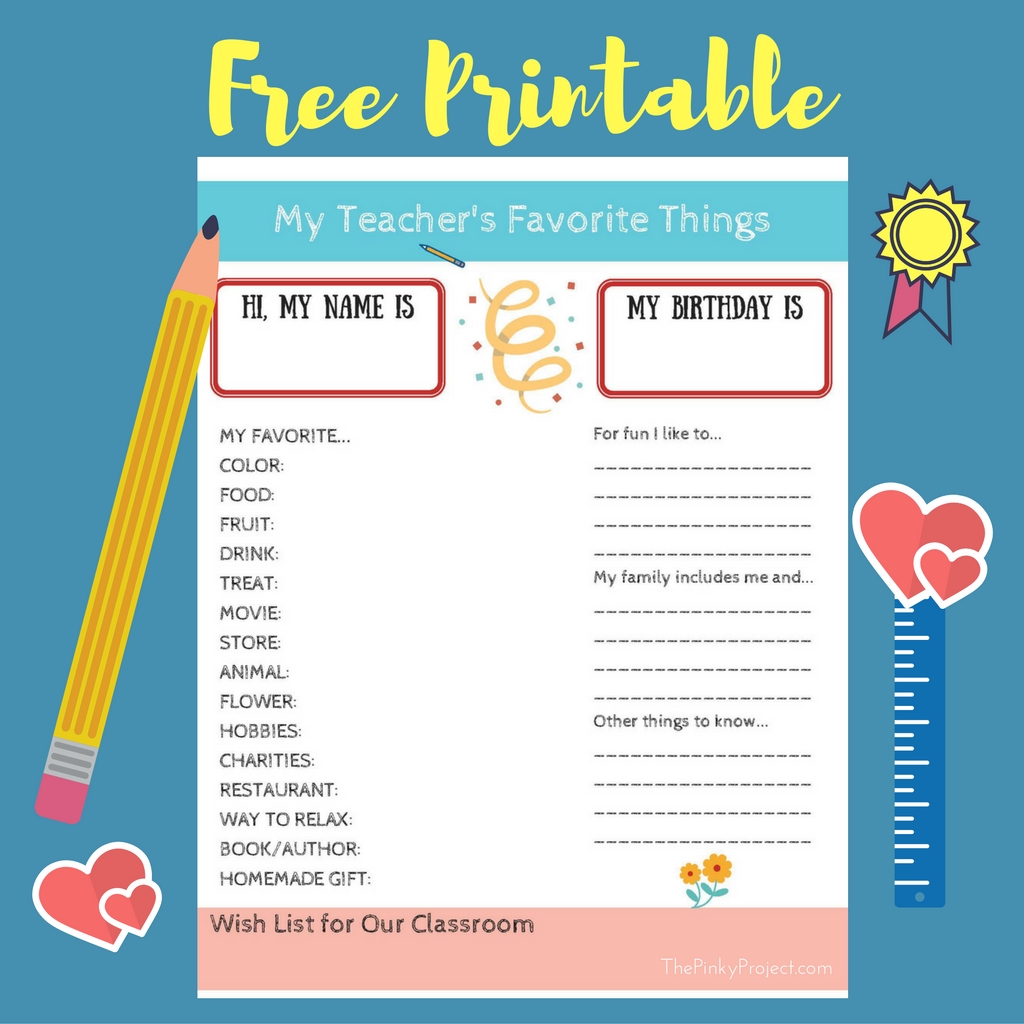 Free Printable Teachers Favorite Things List
